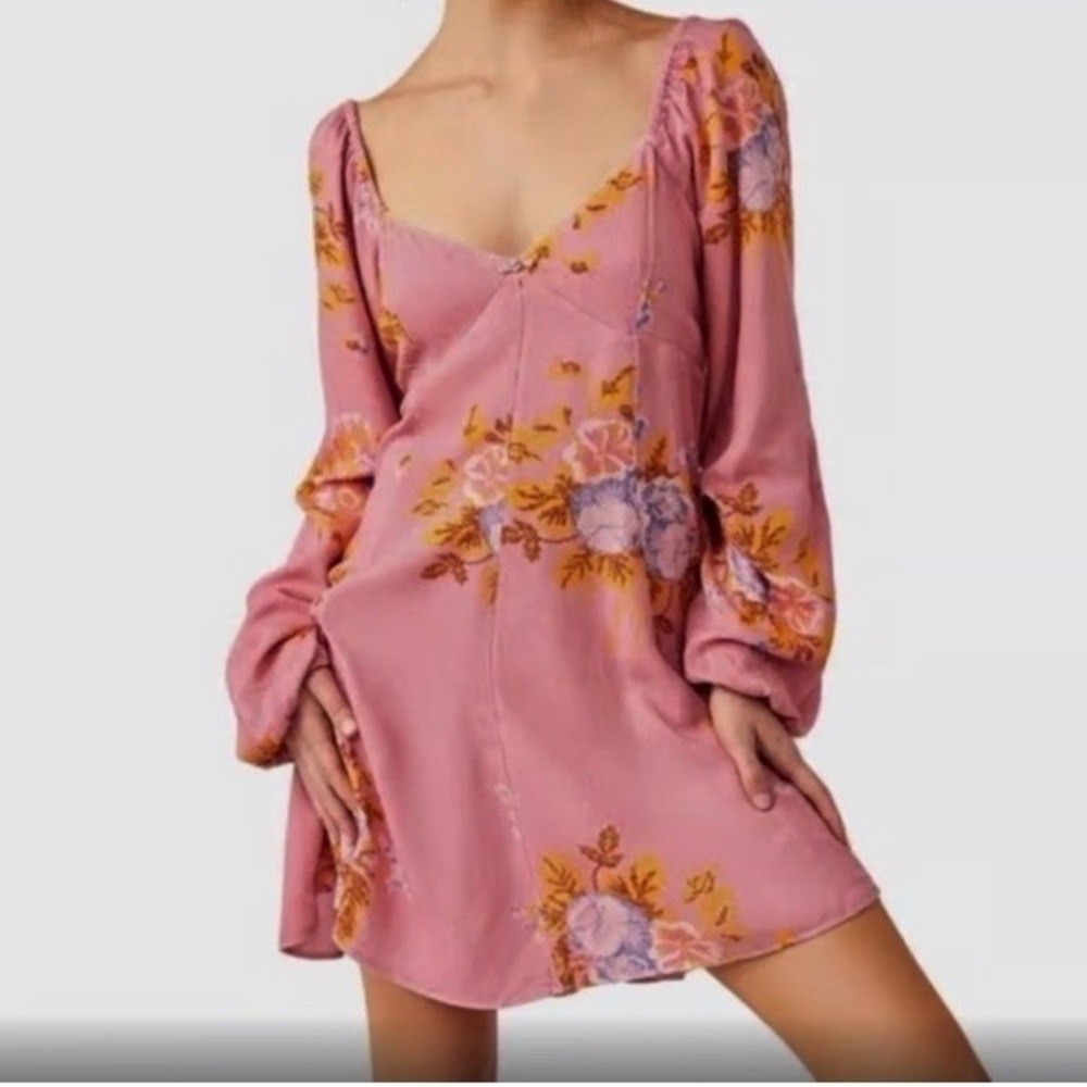 Free People Francesca Floral Puff Long Sleeves Mini Dress Rose Pink L‎ Romantic